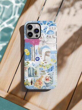 Santorini Greece Phone Case | Coastal Collage Art, Aegean Blues